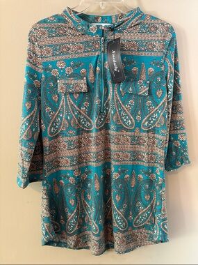 Nina Leonard Teal Paisley Zip-Front Blouse